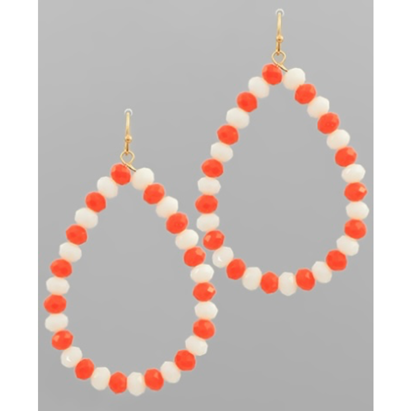 T104- 2.45” orange and white Beaded Teardrop Earrings Main Image