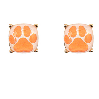 C115-White with Orange Paw Print Square Earrings 