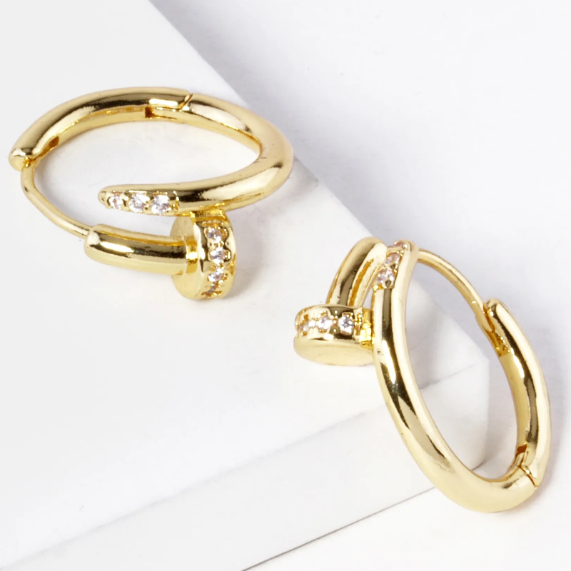 H15- Nail Hoops 18K Gold Dipped 20mm Cubic Zirconia Simulated Nail Brass Huggie Earrings Main Image