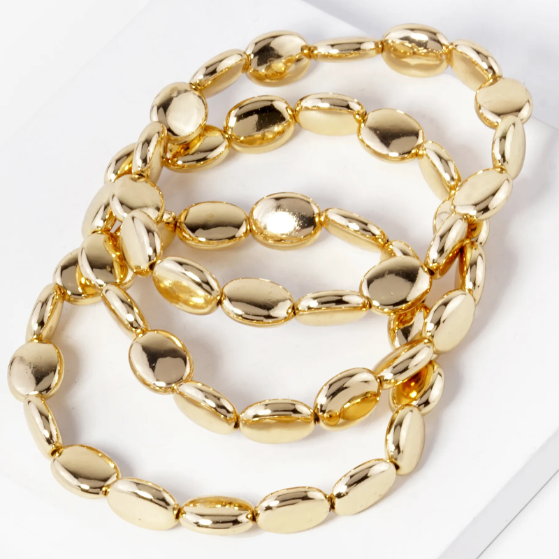 M8-Set of Three Metallic Bean Shape Beads Stackable Stretch Bracelet - Thumbnail (Preview) 2