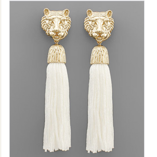 C54- Game Day Gold Tiger Face with Pearl Tassel Earrings