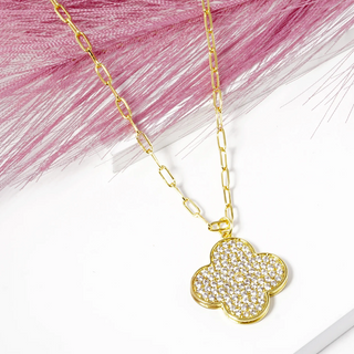 Q13 -18k Gold Dipped 18 Inch CZ Pave Quatrefoil Pendant Necklace