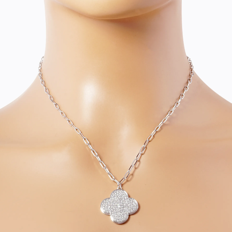 Q13 -18k Gold Dipped 18 Inch CZ Pave Quatrefoil Pendant Necklace - Thumbnail (Preview) 3