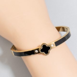 Q55- Stainless Steel Clover Charm Hinge Bangle Bracelet - Thumbnail 4