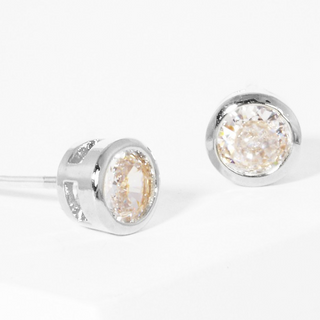 CL20-White Gold Dipped 4mm Round Bezel CZ Sterling Silver Post Stud Earrings (also available in Gold)