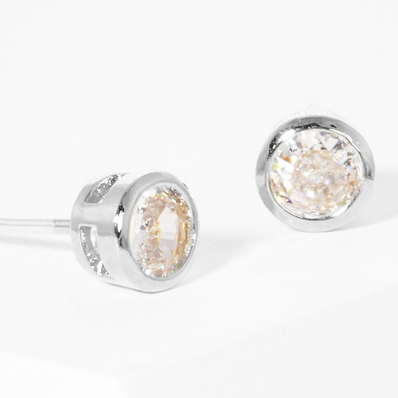 CL20-White Gold Dipped 4mm Round Bezel CZ Sterling Silver Post Stud Earrings (also available in Gold) Main Image