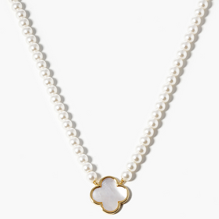 Q3- 18k gold dipped 12mm mother of pearl quatrefoil pendant necklace