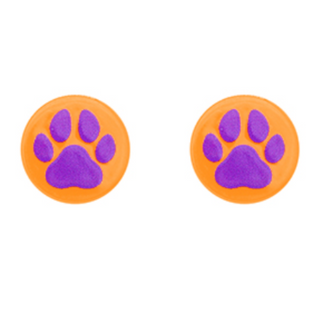 C62-Purple Paw Print on an Orange Acrylic Disk Stud Earrings