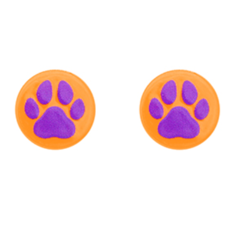 C62-Purple Paw Print on an Orange Acrylic Disk Stud Earrings Main Image