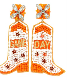 T129- 3” orange/white boot earrings 