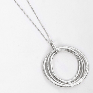 M112- Hammered Metal Tri Circles Pendant Long Necklace - Thumbnail 3