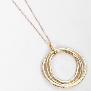 M112- Hammered Metal Tri Circles Pendant Long Necklace