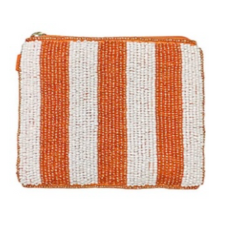 T 34- Orange White Stripe  Beaded Change Purse 4x5”