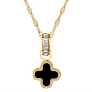 Q44- Black Quatrafoil pendant on CZ link- 18K GOLD PLATED STAINLESS STEEL "FOUR-LEAF CLOVER" NECKLACE