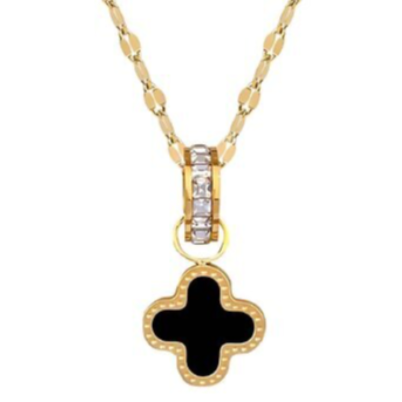 Q44- Black Quatrafoil pendant on CZ link- 18K GOLD PLATED STAINLESS STEEL "FOUR-LEAF CLOVER" NECKLACE Main Image