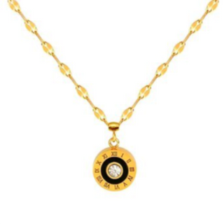 N38- Roman Numeral black center with CZ 18K GOLD PLATED STAINLESS STEEL NECKLACE