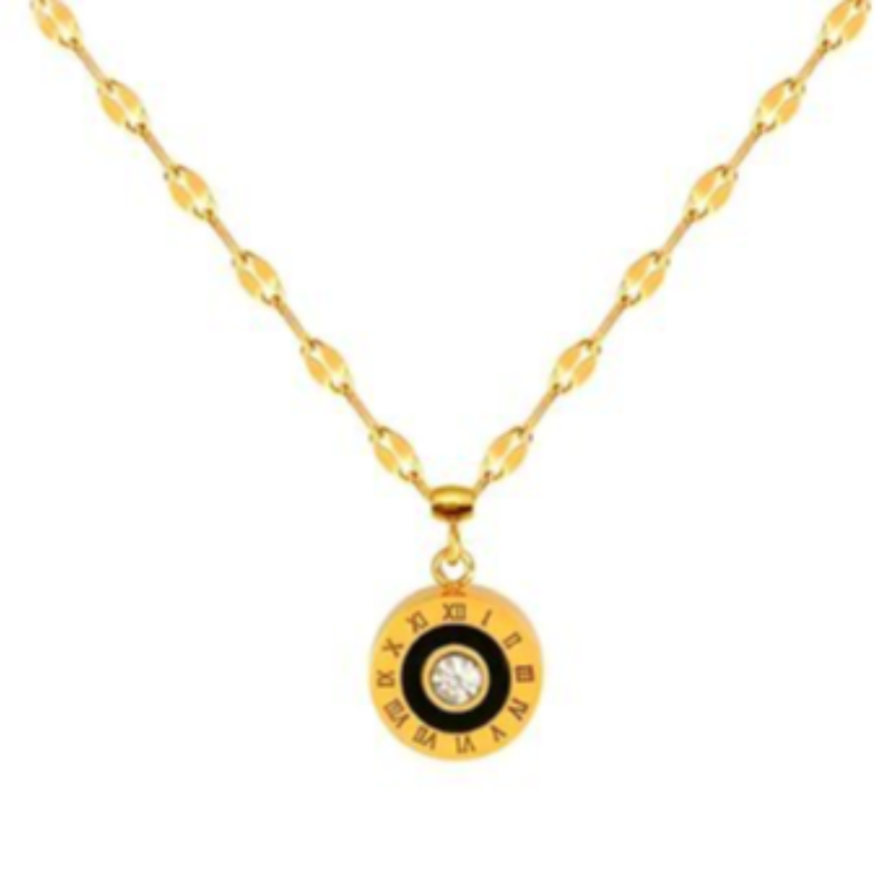 N38- Roman Numeral black center with CZ 18K GOLD PLATED STAINLESS STEEL NECKLACE Main Image