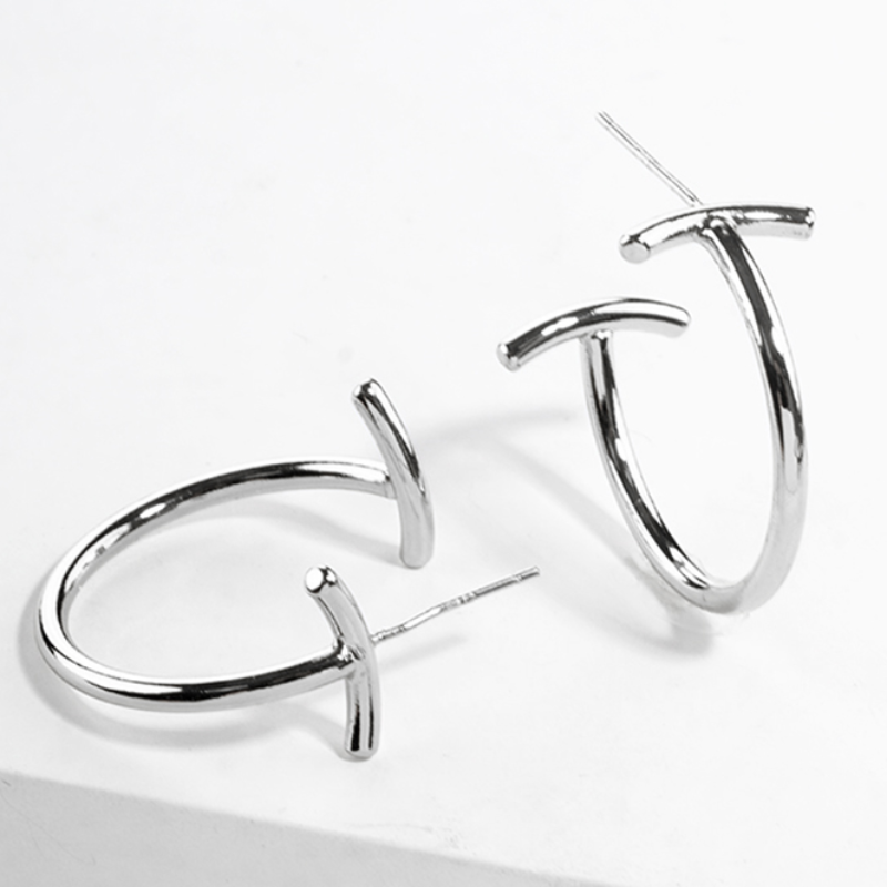 Y27-White gold dipped designer inspired open hoop earrings (also available in Gold) Main Image