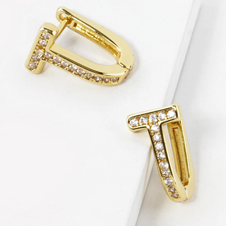 INS4-14K Gold Dipped CZ Pave T Shape Huggie Hoop Earrings