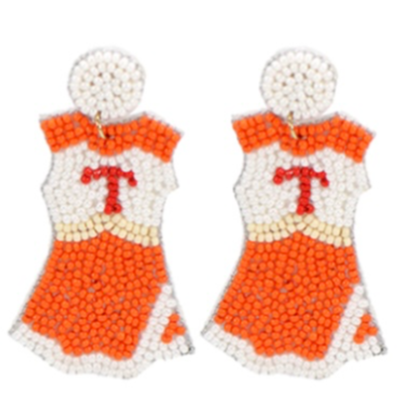 T100- Orange/White T Beaded Cheerleader Uniform Earrings Main Image