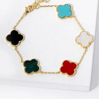 M7-18K Gold Dipped 14mm Five Semi-Precious Quatrefoil Chain Bracelet (3 color options available) - Thumbnail 3