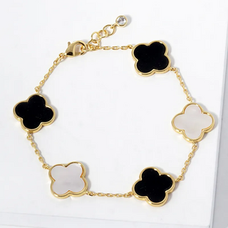 M7-18K Gold Dipped 14mm Five Semi-Precious Quatrefoil Chain Bracelet (3 color options available)