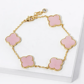 M7-18K Gold Dipped 14mm Five Semi-Precious Quatrefoil Chain Bracelet (3 color options available) - Thumbnail 2