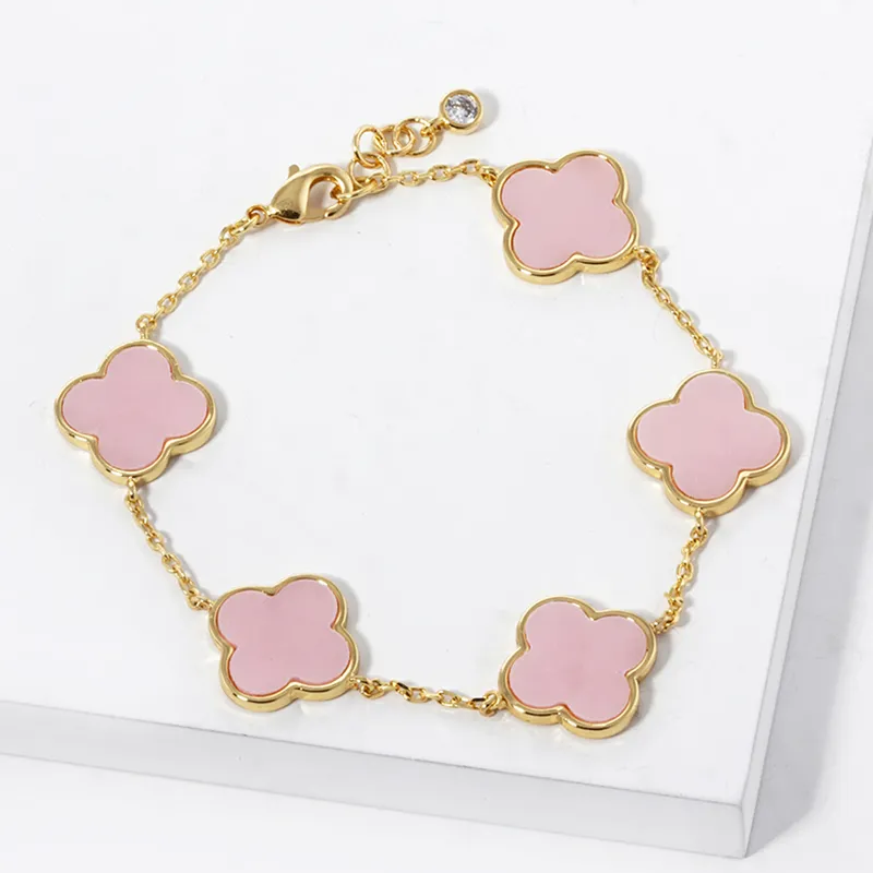 M7-18K Gold Dipped 14mm Five Semi-Precious Quatrefoil Chain Bracelet (3 color options available) - Thumbnail (Preview) 2