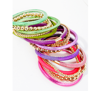 Y89- Set of 5 color coated leatherette metallic bead stretch stackable bracelet