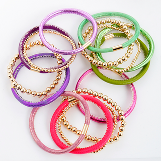 Y89- Set of 5 color coated leatherette metallic bead stretch stackable bracelet - Thumbnail 2