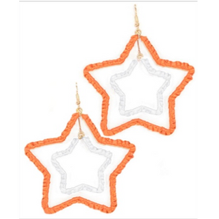 T99- 2.5” Orange/ White Raffia Double Star Earrings