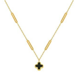 Q41- Black Quatrafoil with Oval Links-18K GOLD-PLATED STAINLESS-STEEL "FOUR-LEAF CLOVER" NECKLACE 