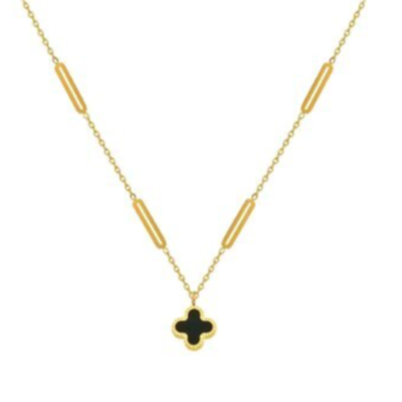 Q41- Black Quatrafoil with Oval Links-18K GOLD-PLATED STAINLESS-STEEL "FOUR-LEAF CLOVER" NECKLACE  Main Image