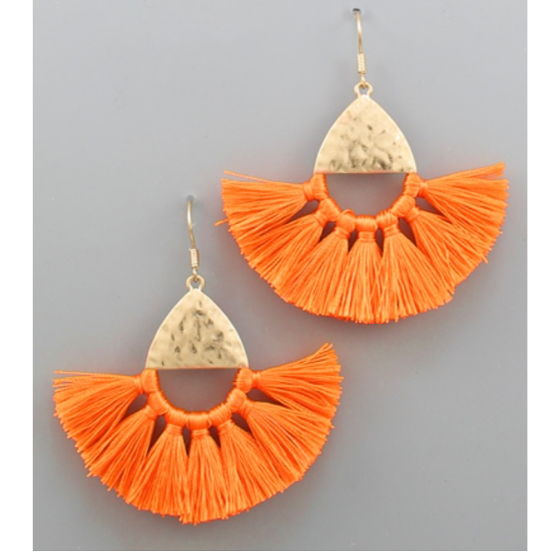 C40- Neon Orange Tassel Triangle Earrings Main Image