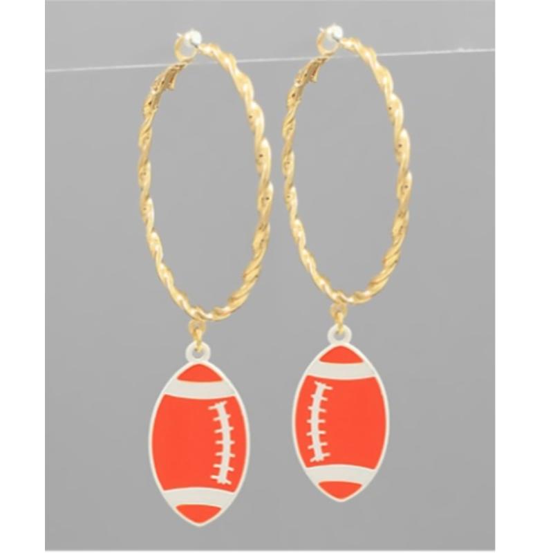 T110- 3.5” Orange/White Acrylic Football Dangle Hoops- Main Image