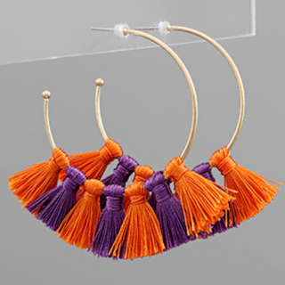 C39- Clemson Tassel Hoop Earrings- Orange & Purple