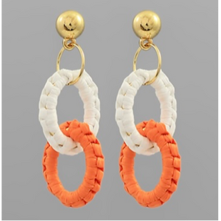 T101- 2.5” orange/ white Raffia Oval Link Earrings