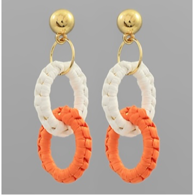 T101- 2.5” orange/ white Raffia Oval Link Earrings Main Image