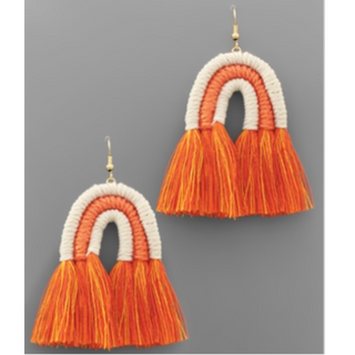 T146- 3.25” Orange & White Arch & Tassel Earrings 