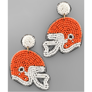 T95- 2” Orange & White Seed Bead Football Helmet Earrings