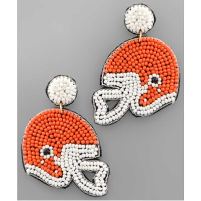 T95- 2” Orange & White Seed Bead Football Helmet Earrings Main Image