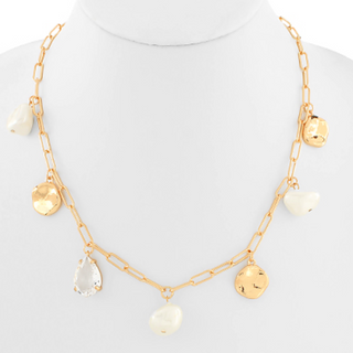 N39- Glass Pearl & Hammered Metal Necklace