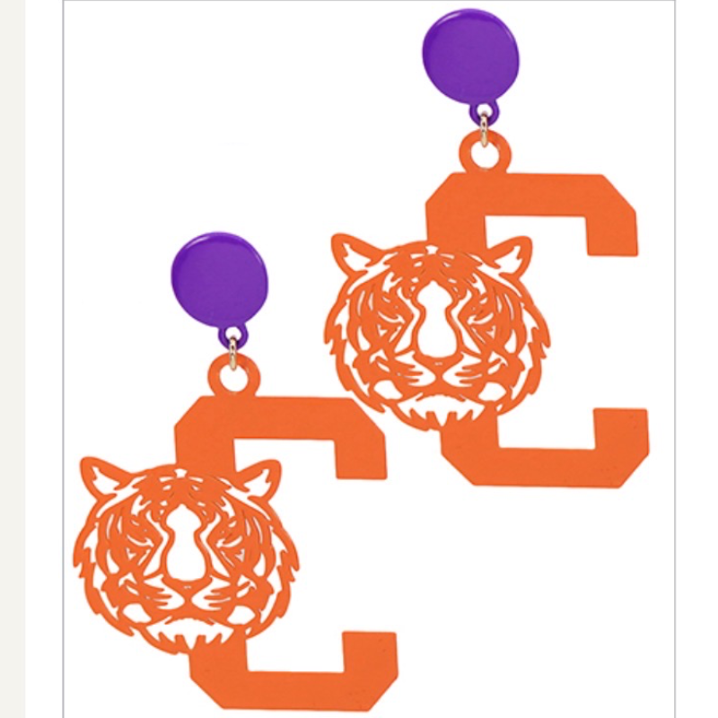 C100-Purple & Orange Letter C Tiger Filigree Earrings   Main Image