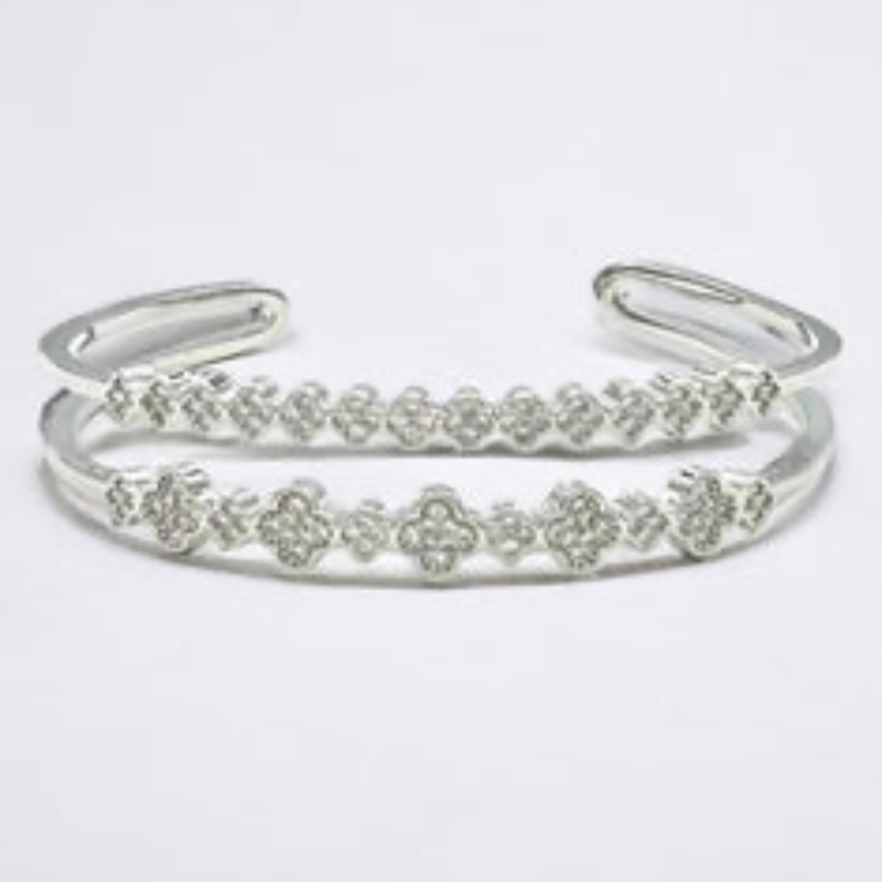 Y61- 18K Gold/Silver Double Lined CZ Clover Bracelet - Thumbnail (Preview) 3