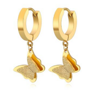 H10- HOOPS WITH BUTTERFLIES- 18K GOLD-PLATED STAINLESS-STEEL EARRING