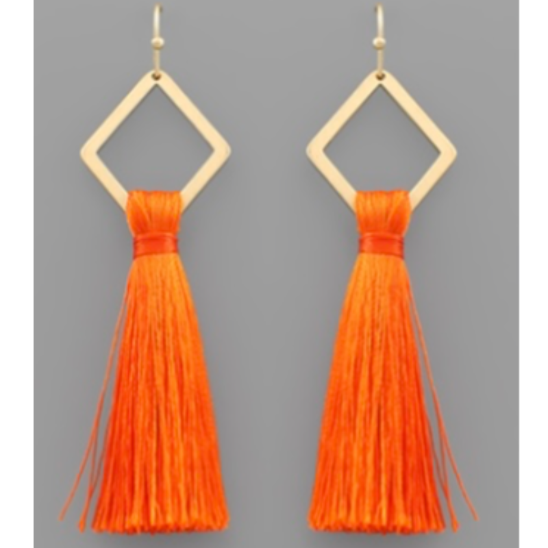 T194- 3” Orange Rhombus & Tassel Earrings Main Image