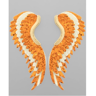 T81- 2.5” Orange/ White Glitter Angel Wing Earrings