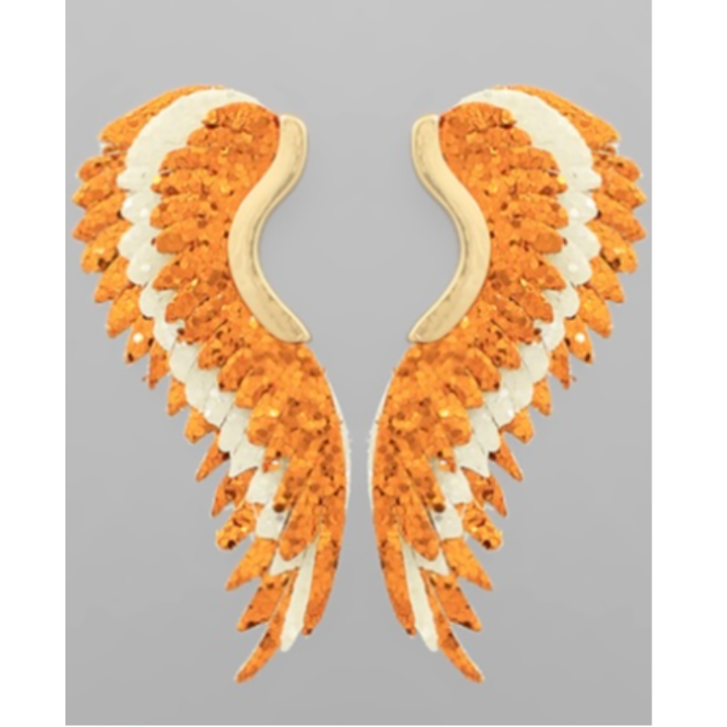 T81- 2.5” Orange/ White Glitter Angel Wing Earrings Main Image