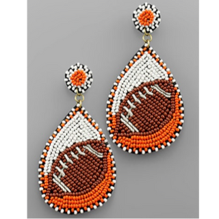 T170- 3” Orange, White & Brown Beaded Football Teardrop Earrings