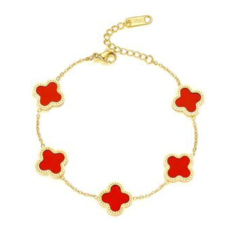 Q28- Red 5 Quatrafoil Bracelet- 18K GOLD PLATED STAINLESS STEEL "FOUR-LEAF CLOVER" BRACELET,  Main Image